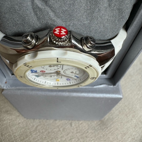MICHELE TAHITIAN CAROUSEL WHITE WATCH WITH JELLY BEAN STRAP.